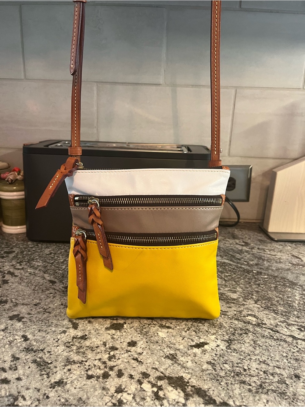 Dooney & Bourke Triple Zip Leather Multicolor Crossbody 
Yellow /Brown/White